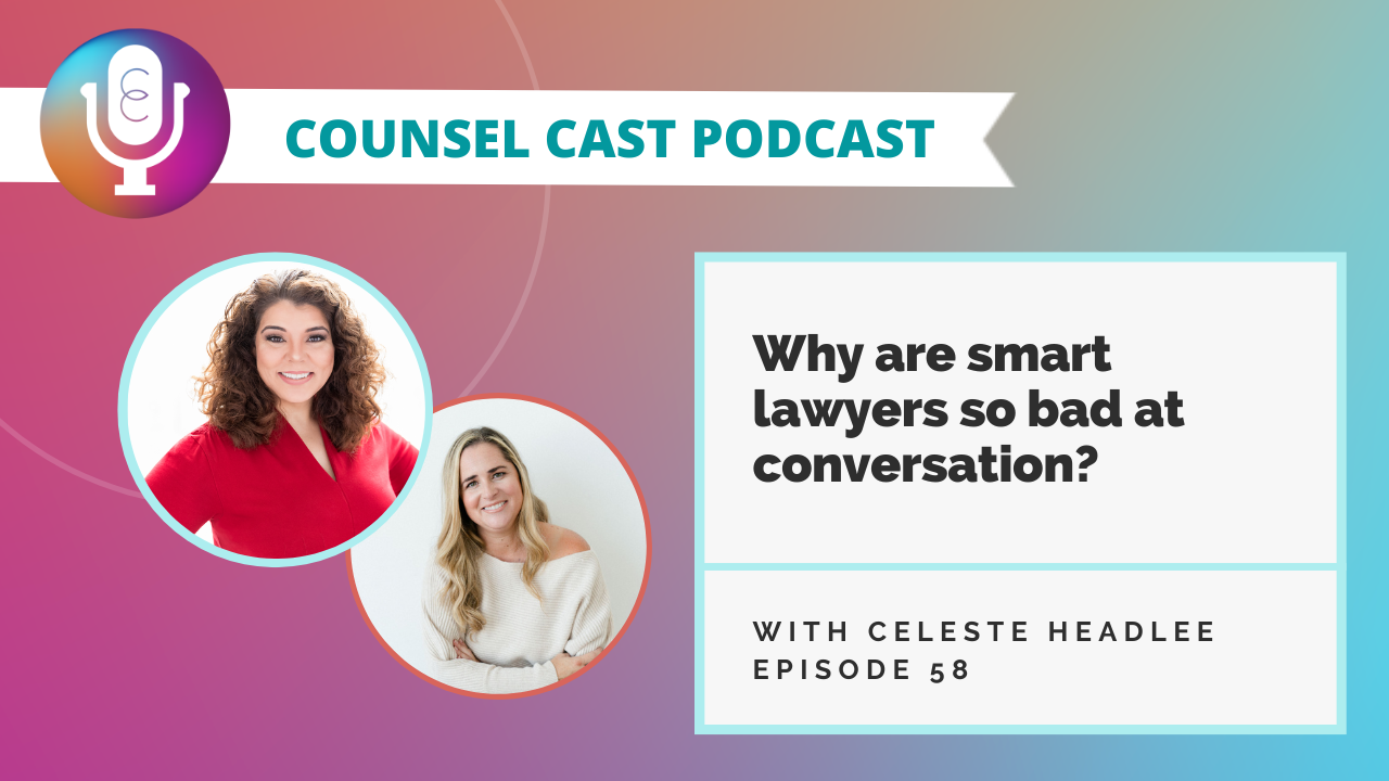 Celeste Headlee engaging in a thought-provoking conversation during the Counsel Cast podcast episode, highlighting her expertise on improving communication skills and the importance of meaningful conversations for law firms.